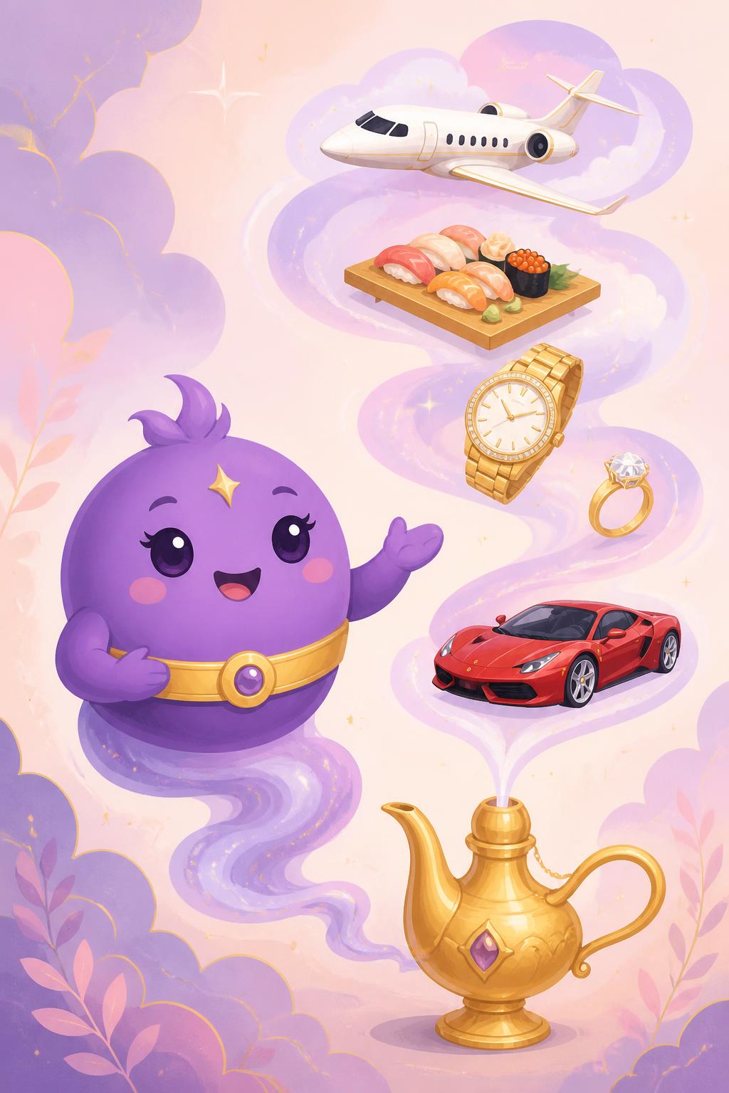A cheerful purple genie granting luxury wishes from a golden lamp